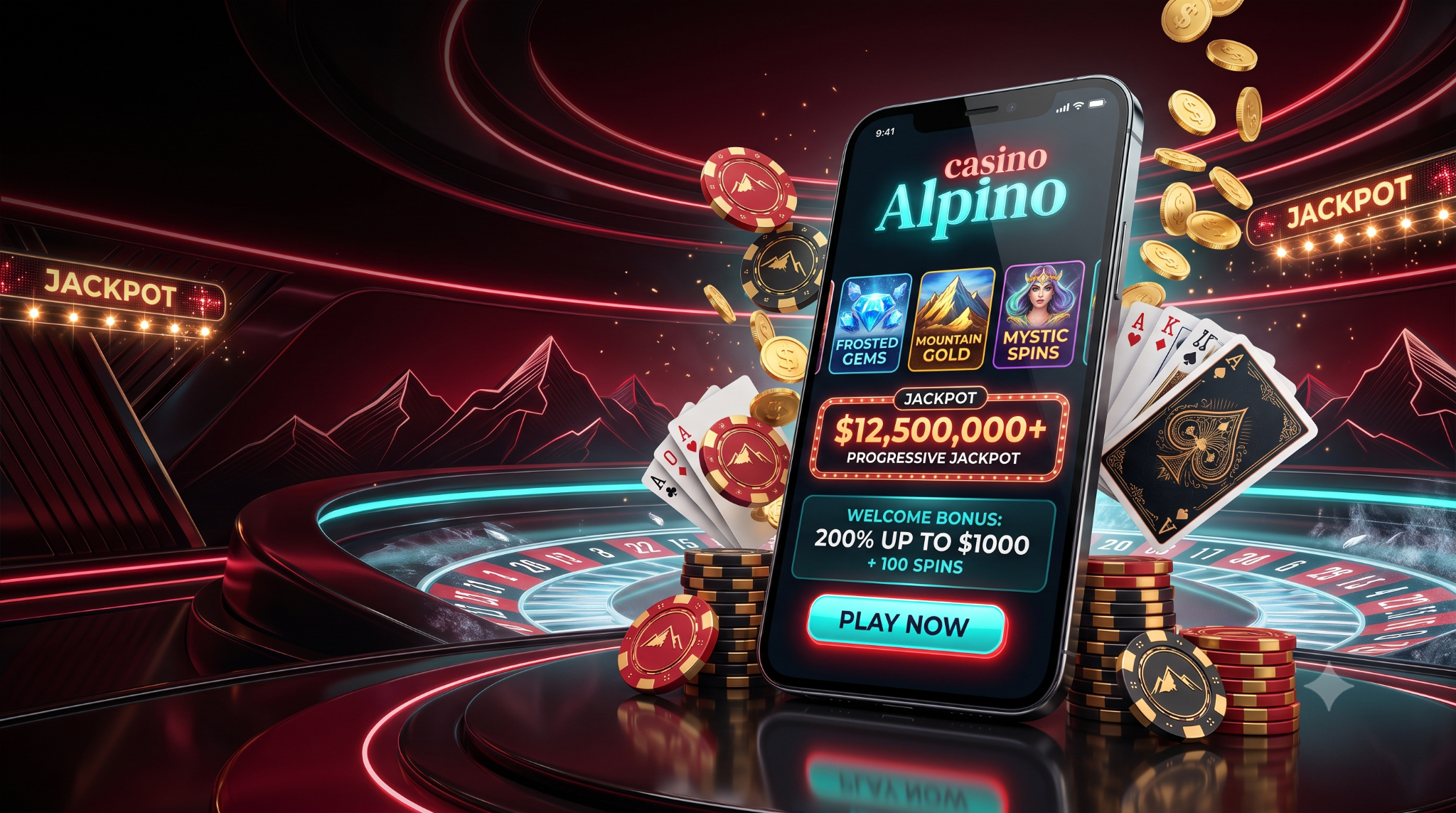 Casino Alpino su smartphone con tavolo roulette e atmosfera neon